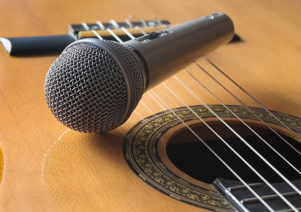 istock Detail of classic guitar and microfone 517685098