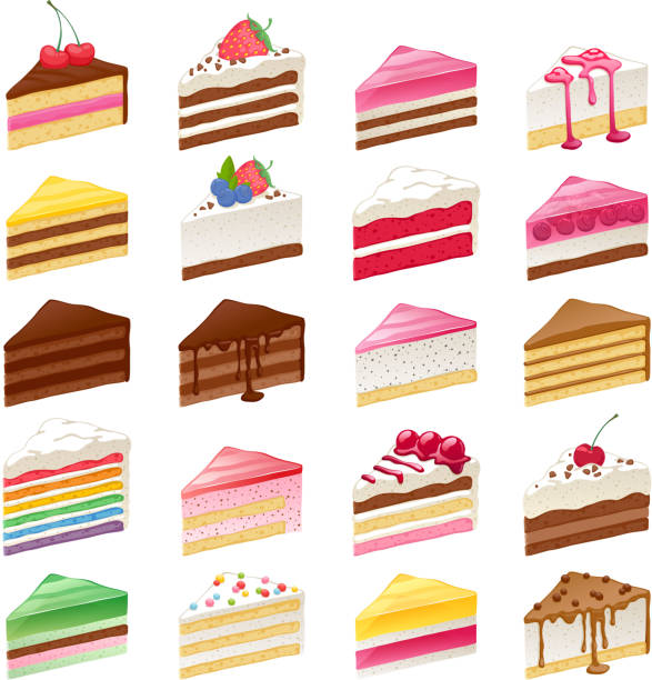 ilustrações, clipart, desenhos animados e ícones de colorido fatias de bolo doce conjunto de ilustração vetorial - dessert cheesecake gourmet strawberry