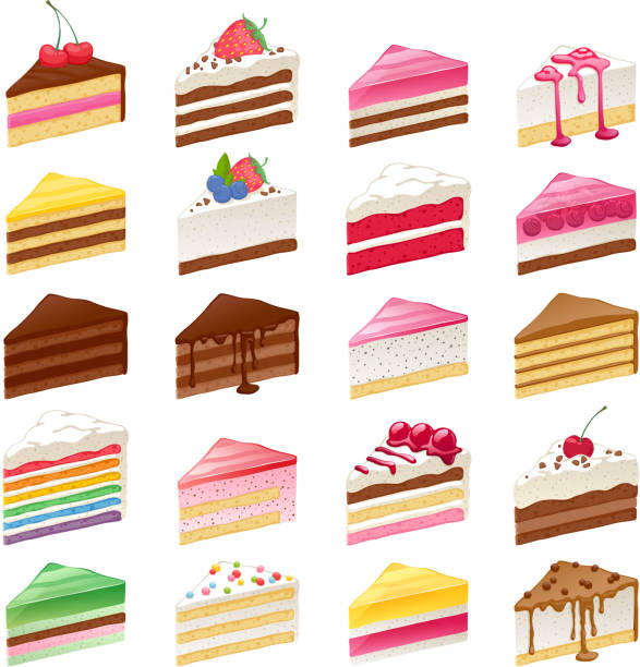 colorful sweet cakes slices set vector illustration - pasta illüstrasyonlar stock illustrations