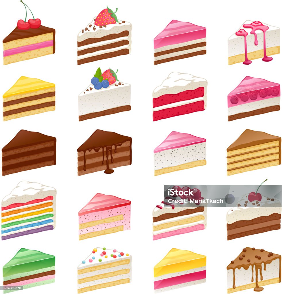 Colorful sweet cakes slices set vector illustration Colorful sweet cakes slices pieces set hand drawn vector illustration. Cake stock vector