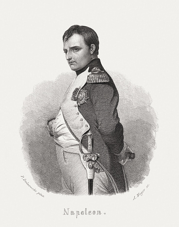 Napoléon Bonaparte (1769 - 1821), French military and political leader and Emperor of France. Steel engraving after a painting by Paul Delaroche (French painter, 1797 - 1856), published in 1868.