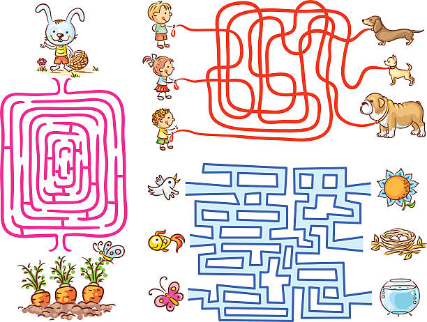 ilustraciones, imágenes clip art, dibujos animados e iconos de stock de juegos de montaje para niños en edad preescolar laberinto - dog school illustrations