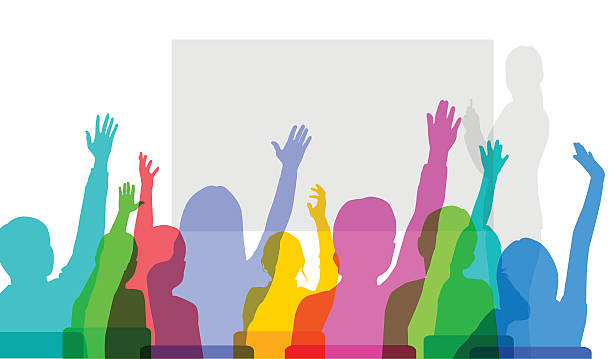 School children in classroom Colourful overlapping silhouettes of children in classroom. EPS10 file, best in RGB, CS5 versions in zip learning silhouettes stock illustrations