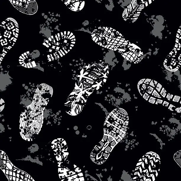 Vector illustration of Shoe tracks grunge black seamless pattern - Illustration