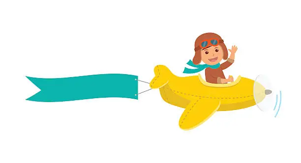 Vector illustration of Boy flying on airplane with a ribbon for a message.