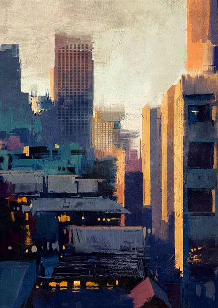 istock painting of skyscrapers at sunset 517689050