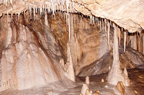 Inside a large underground limestone cave - stalagmite ad stalactite in Cave of Bear in Poland