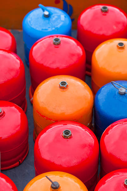 istock Bright metal gas bottles 517698421