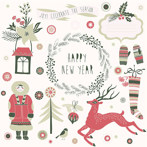 счастливый новый год поздравительная открытка дизайн - bird christmas holly christmas stocking stock illustrations