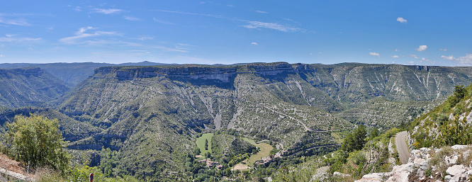 This is a panoramic shot of the Cirque de Navacelles in southern France.