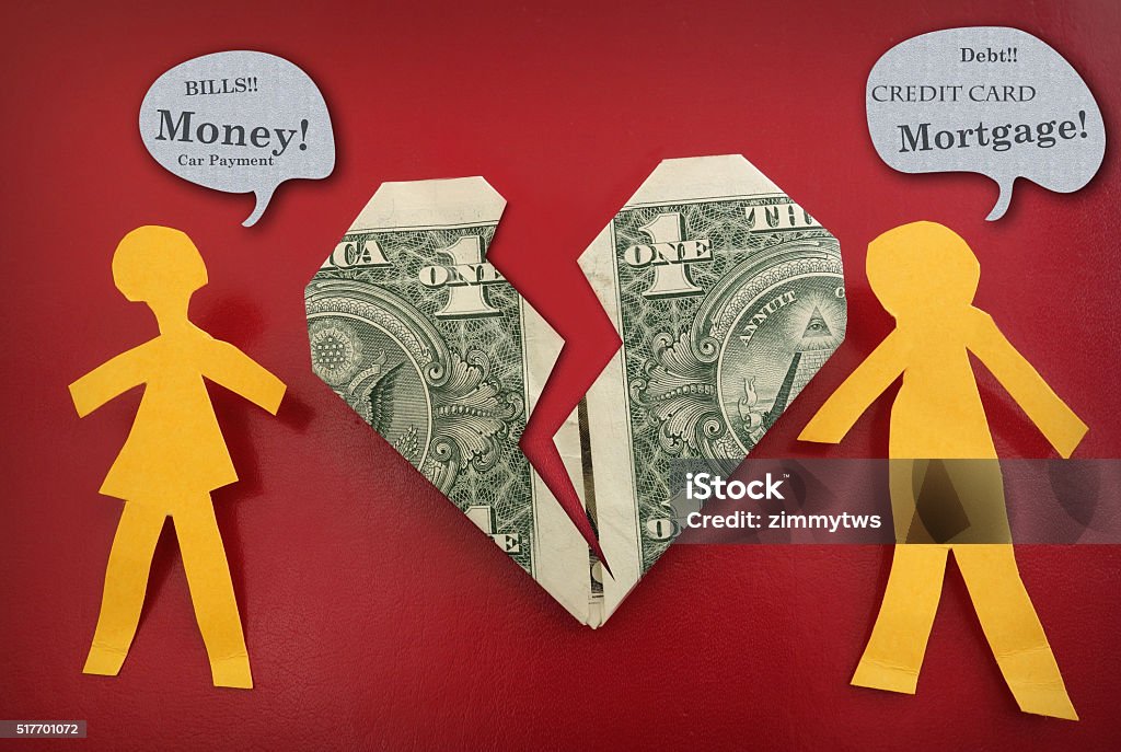 Couple fighting about money Paper couple fighting about money, with broken dollar heart Couple - Relationship Stock Photo