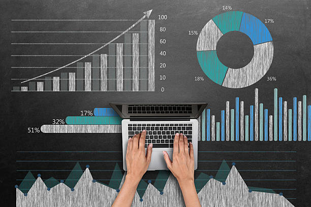 Business graph concept Close-up of a women hand typing laptop keypad from representing the concept of business graph in front of blackboard. progress report stock pictures, royalty-free photos & images