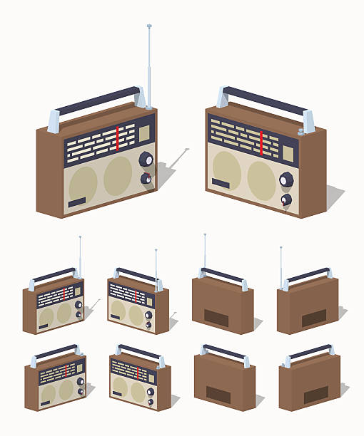 Low poly retro radio set Retro radio set. 3D lowpoly isometric vector illustration. The set of objects isolated against the white background and shown from different sides retro transistor radio clip art stock illustrations