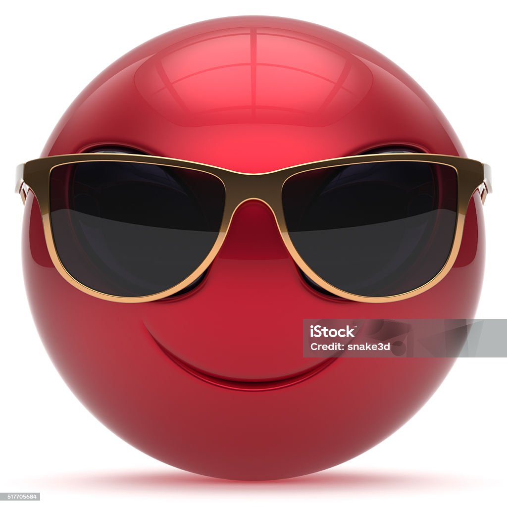 Smiley alien face cartoon sunglasses head emoticon ball red Smiley alien face cartoon cute sunglasses head emoticon monster ball red golden avatar. Cheerful funny smile invader person character toy laughing eyes joy icon concept. 3d render isolated Cartoon Stock Photo