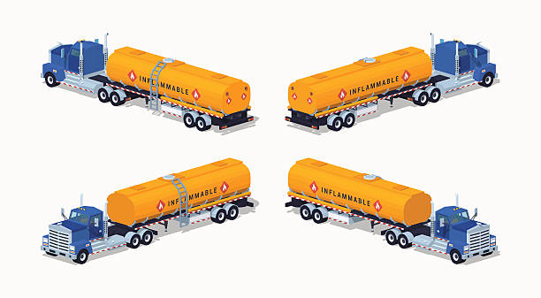 niskie poli niebieski samochód ciężarowy ze zbiornikiem paliwa pomarańczowy - fuel tanker truck storage tank isometric stock illustrations