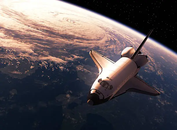 Space Shuttle Orbiting Earth. 3D Scene.