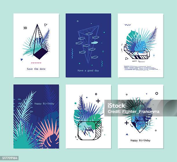 Ensemble De Cartes Des Éléments Tropicaux Avec Cristaux Vecteurs libres de droits et plus d'images vectorielles de Tropical