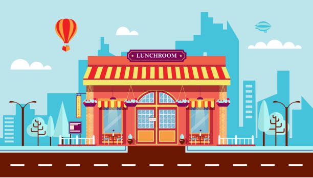 lunch room 1 Stock vector illustration city street with cafe in flat style element for infographic, website, icon, games, motion design, video banquet chairs stock illustrations