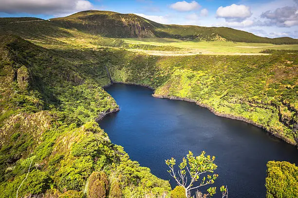 Photo of Azores landscape with lakes in Flores island. Caldeira Comprida