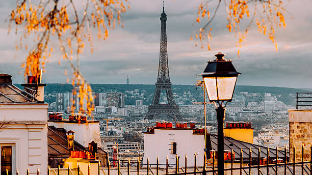 Eiffel tower in Paris during spring A photo of the roofs of houses in Paris with Eiffel Tower during spring. Shot from Montmartre area in Paris. montmartre stock pictures, royalty-free photos & images