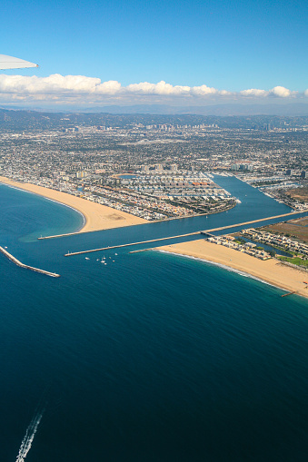aerial shot of Marina Del Rey, California, Dockweiler State Beach, and its harbor area