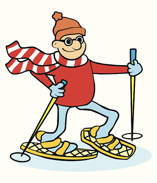 illustrazioni stock, clip art, cartoni animati e icone di tendenza di maschio e le racchette - winter snowshoeing running snowshoe