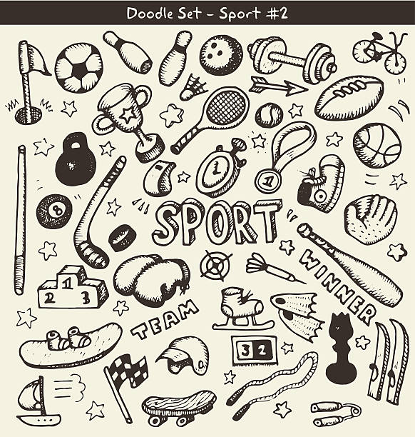 Doodle sport Big set of doodle style sport icons. Vector illustration. cycling bicycle pencil drawing cyclist stock illustrations