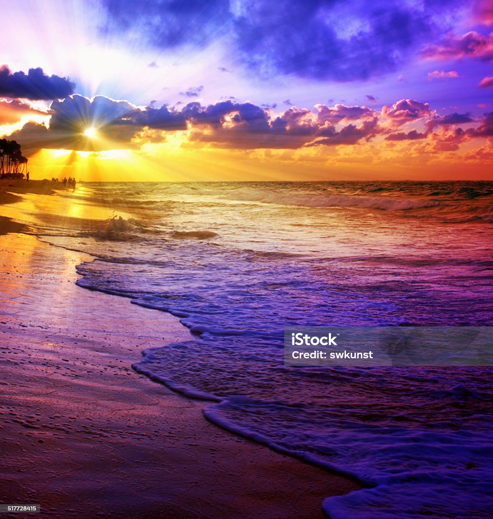 Wonderful sunrise in the Caribbean. Sunset on the beach of caribbean sea. Beach Stock Photo