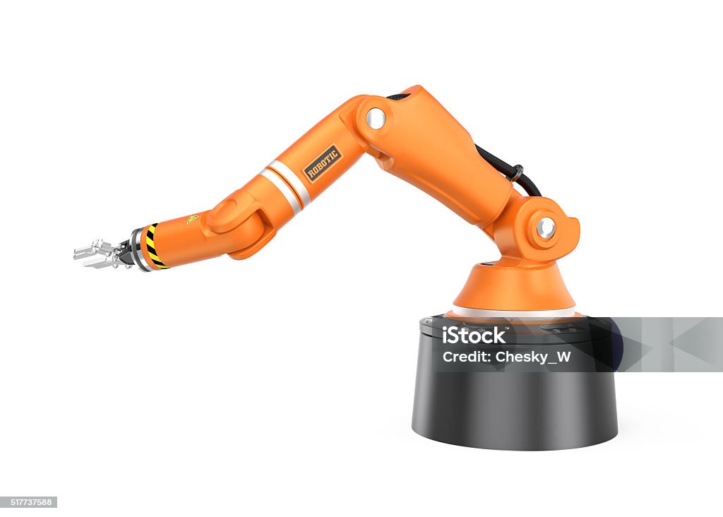 Orange robotic  arm isolated on white background Orange robotic arm isolated on white background. 3D rendering image with clipping path. Factory Stock Photo
