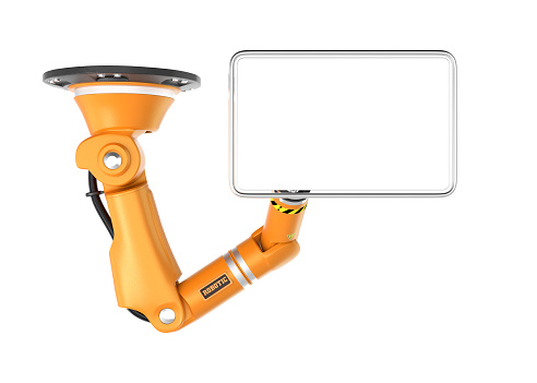 Orange robotic ceiling arm holding blank monitor for copy space. 3D rendering image with clipping path.