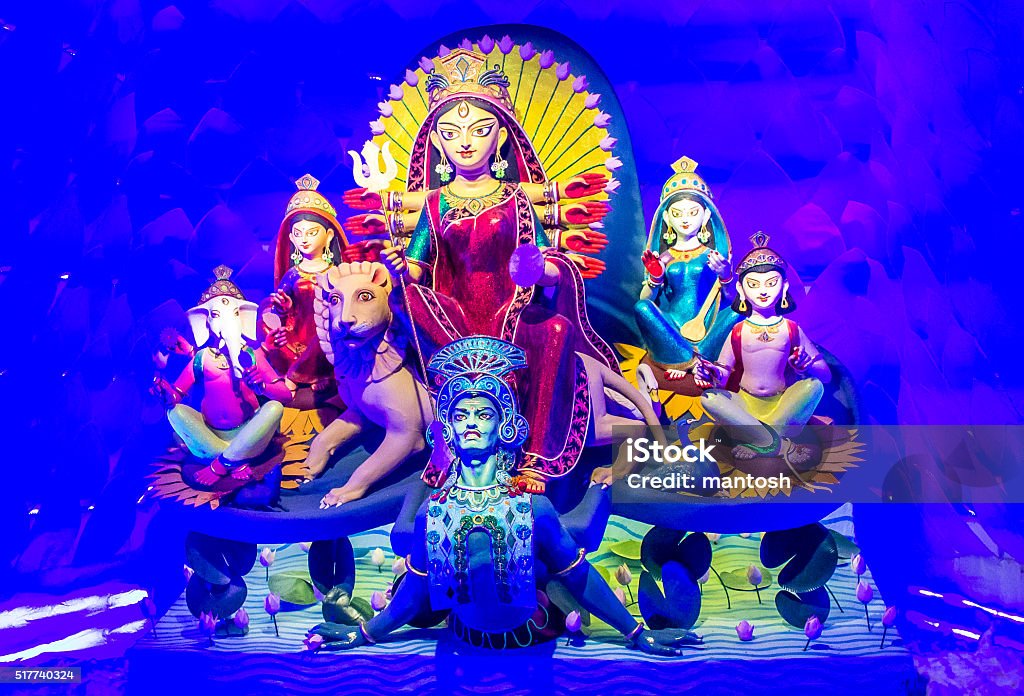 Idol Of Ma Durga Idol Of Mother Durga: The Durga Puja Is An Age-Old Hindu Traditional Festival Of India, widely celebrated throughout the world, mainly by Hindus(predominantly by Bengali Hindus). Durga Stock Photo