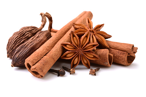 Various seasonings on white background