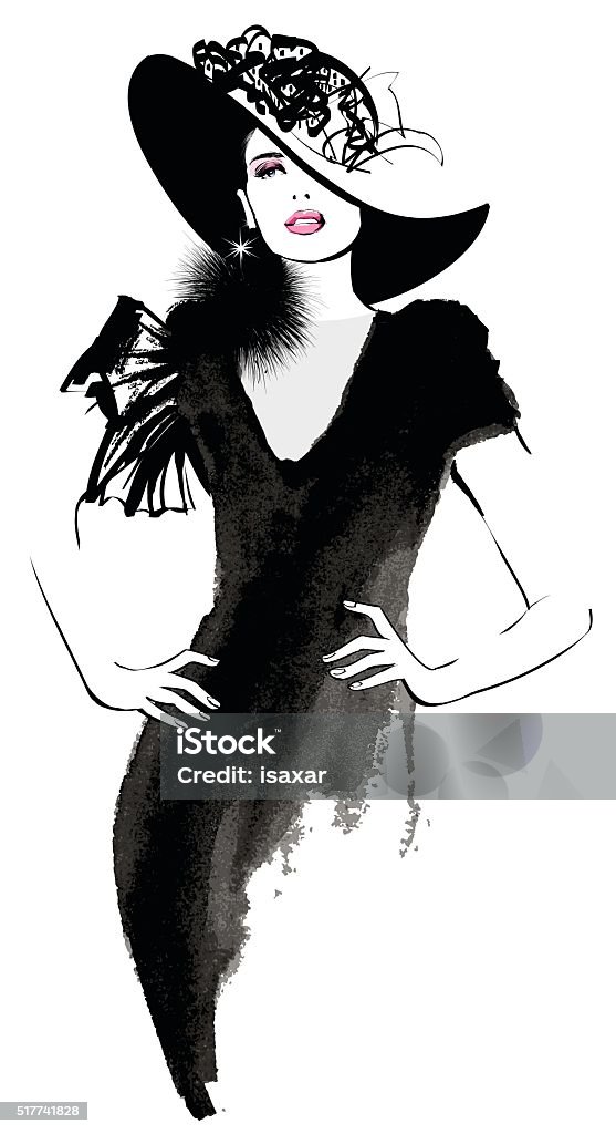 Mujer de moda modelo con un sombrero negro - arte vectorial de Moda libre de derechos