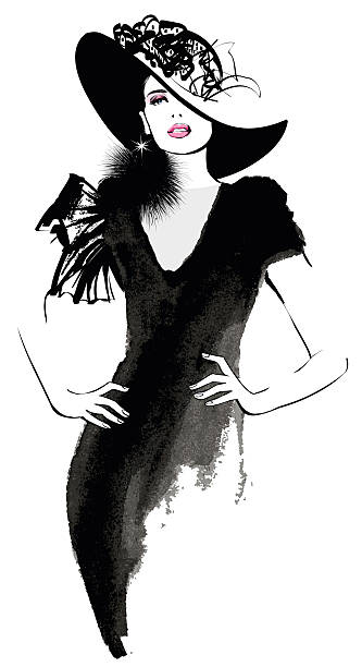 ilustraciones, imágenes clip art, dibujos animados e iconos de stock de mujer de moda modelo con un sombrero negro - women illustration and painting sensuality color image