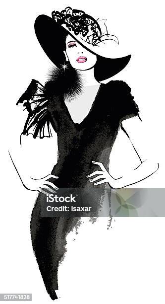 Ilustración de Mujer De Moda Modelo Con Un Sombrero Negro y más Vectores Libres de Derechos de Moda - Moda, Mujeres, Retro