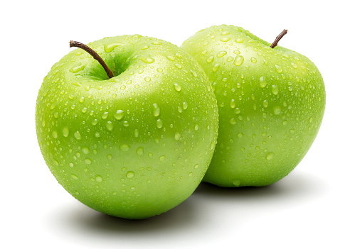 Perfect Fresh Green Apple Isolated on White Background with water drop in Full Depth of Field with Clipping Path.