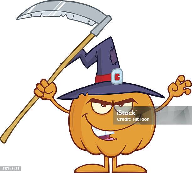 Spooky Pumpkin Holding A Scythe Stock Illustration - Download Image Now - Cartoon, Celebration Event, Characters
