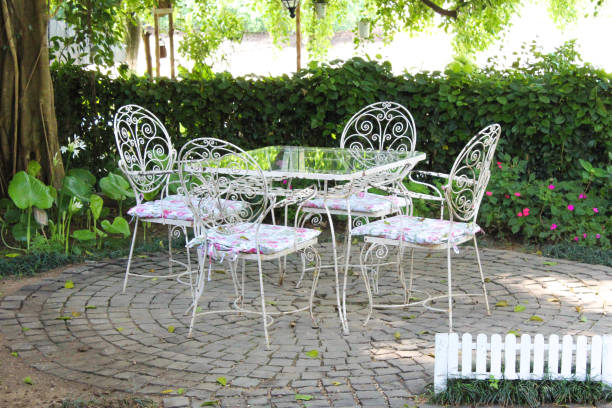 istock white garden chairs in garden 517744737