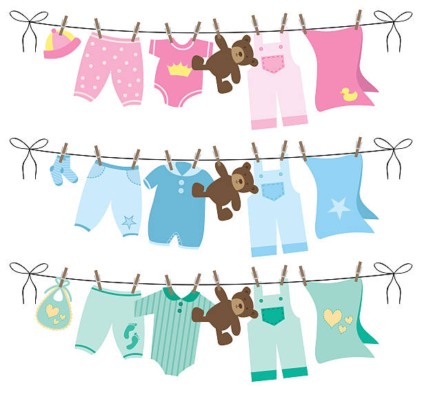 ilustraciones, imágenes clip art, dibujos animados e iconos de stock de ropa de bebé sobre ilustración de vectores cuerda de tender la ropa - ropa de bebé