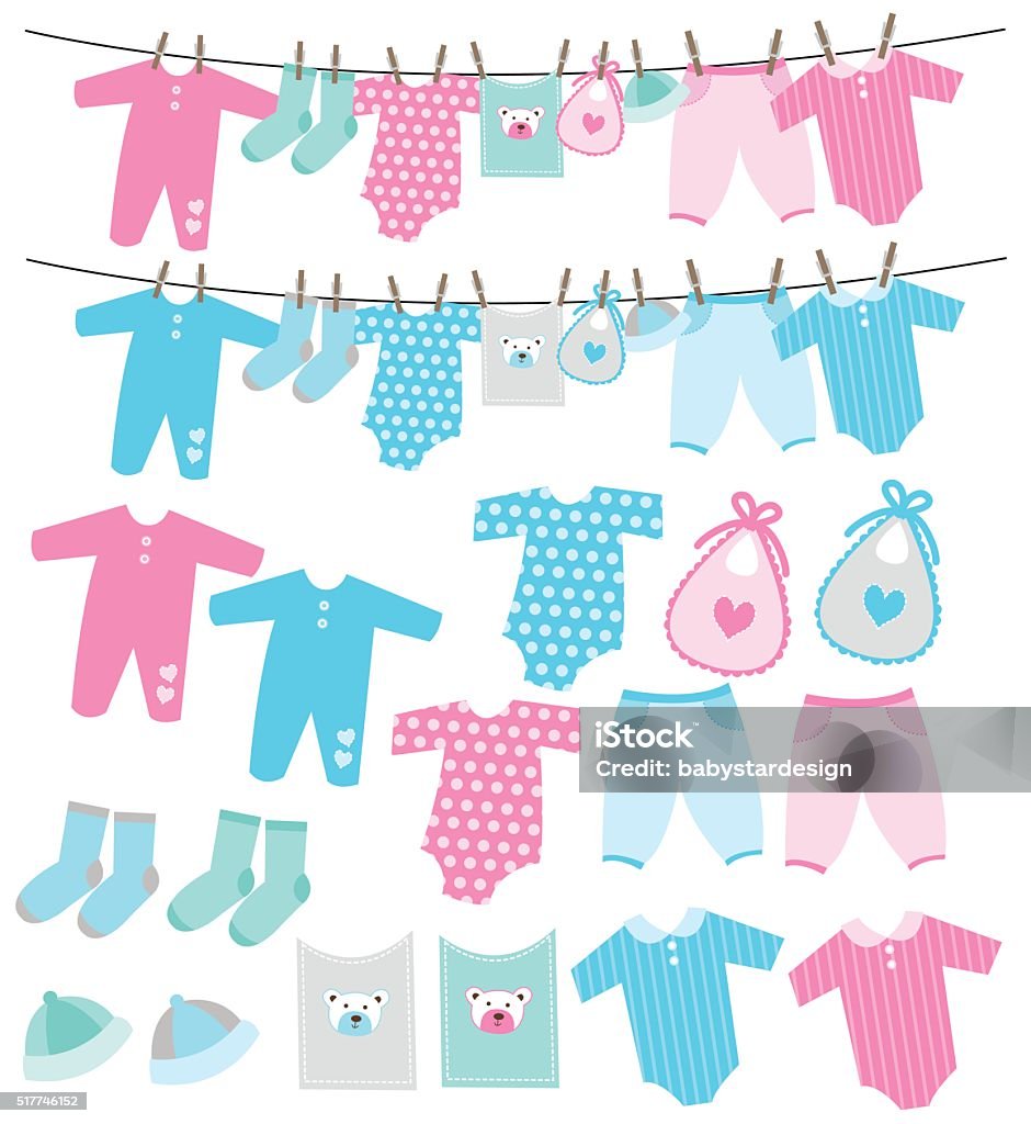 Vector set of baby clothes on clothesline Vector set of baby clothes on clothesline illustration Baby - Human Age stock vector