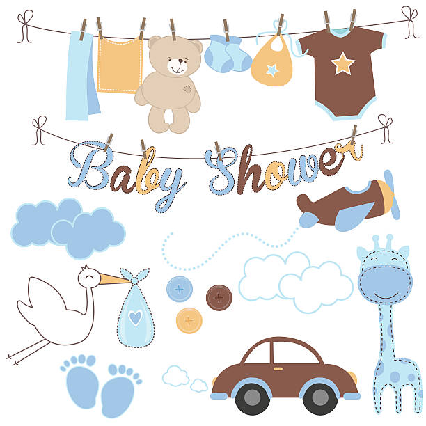 Boy Baby Shower Elements Vector set of baby shower for baby boy pregnant sock stock illustrations