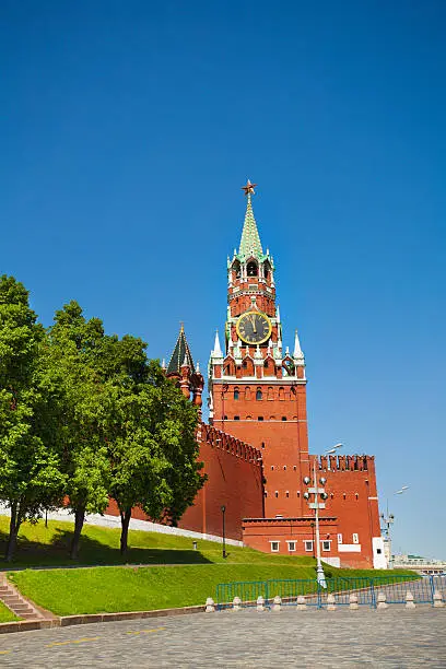 Photo of Spasskaya tower with clock and Kremlin wall