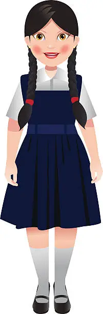 Vector illustration of School girl in blue uniform and plaited hair