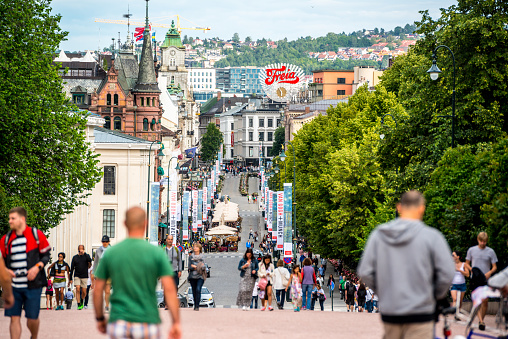 Oslo, Norway  - July 19, 2015: View on crowded Karl Johans Gate, Oslo, Norway
