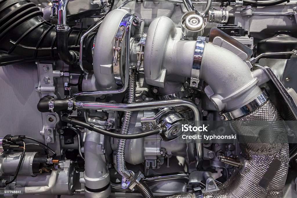 turbo diesel engine detail Heavy duty truck turbo diesel engine with two turbochargers Engine Stock Photo