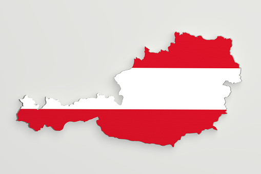 3d rendering of Austria map and flag on white background.