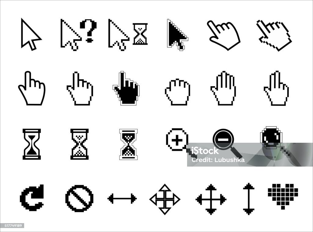 Icons Hand, magnifier  and  hourglass Cursor stock vector