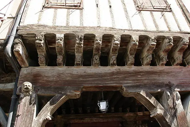 Carved beam in medieval city of Mirepoix,Ariège,Midi-Pyrénées region of France