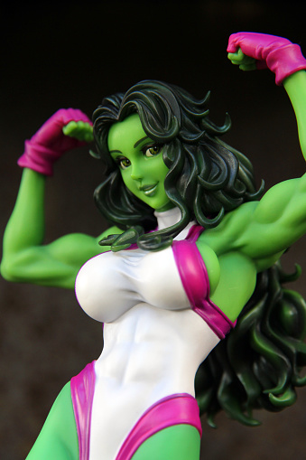 Vancouver, Canada - February 22, 2016: A model of the Marvel character Jennifer Walters, also known as She Hulk. Walters is an attorney who was transformed into She Hulk after receiving a blood transfusion from her cousin, Bruce Banner. The model is from the Bishoujo collection from Kotobukiya