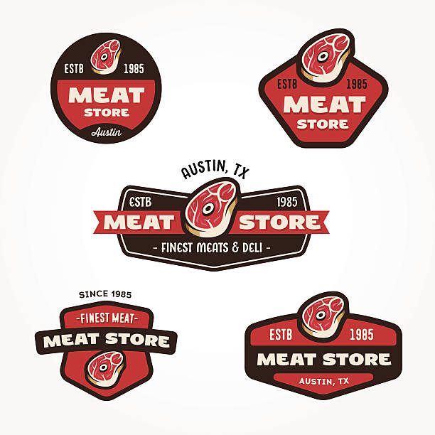 세트마다 빈티지 고기류 시장 로고 템플릿 - butchers shop butcher meat delicatessen stock illustrations